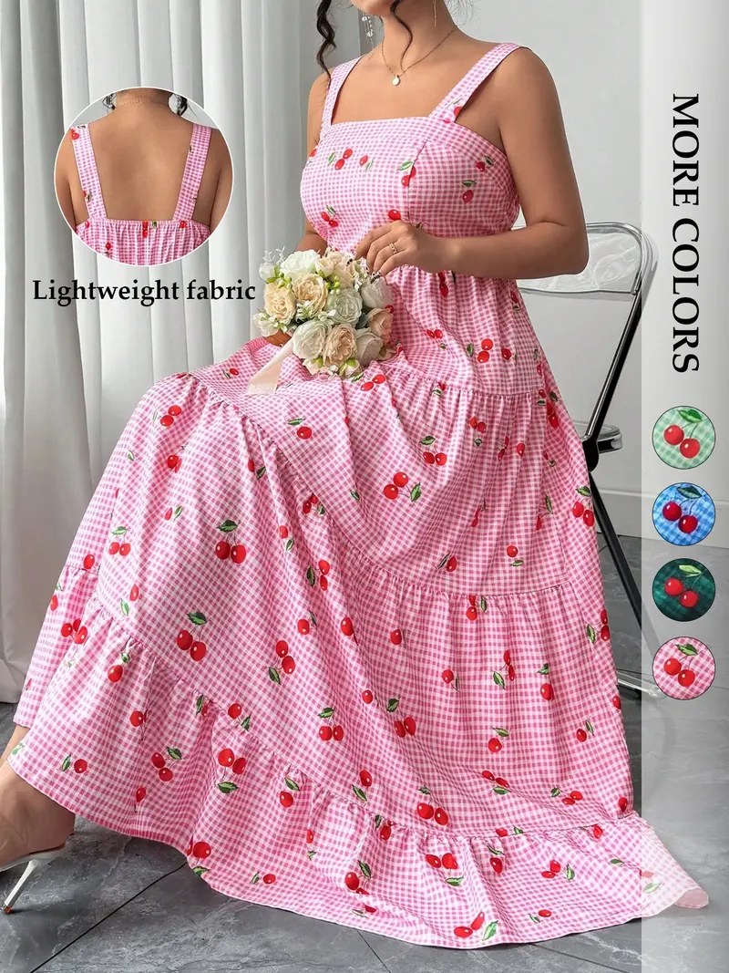 chinese dress ladies Plus Size Casual Maxi Dress Square Neck-Pink&White Flower, 3XL main image 0