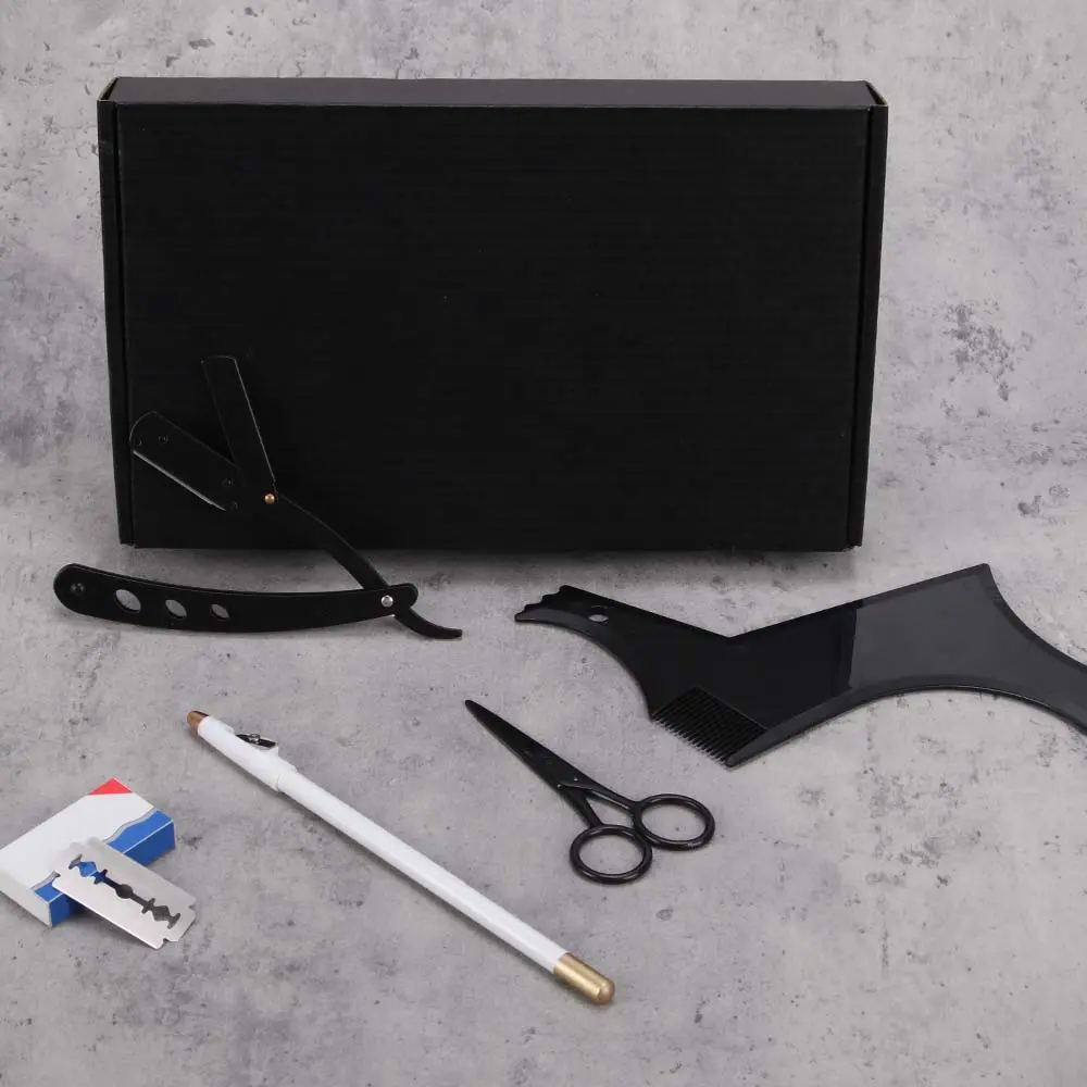 Beard Shaping Tools include straight edge razor, template guide, 10 double edge blades, barber pencil and scissors for Jaw, Cheek & Neck Lines
