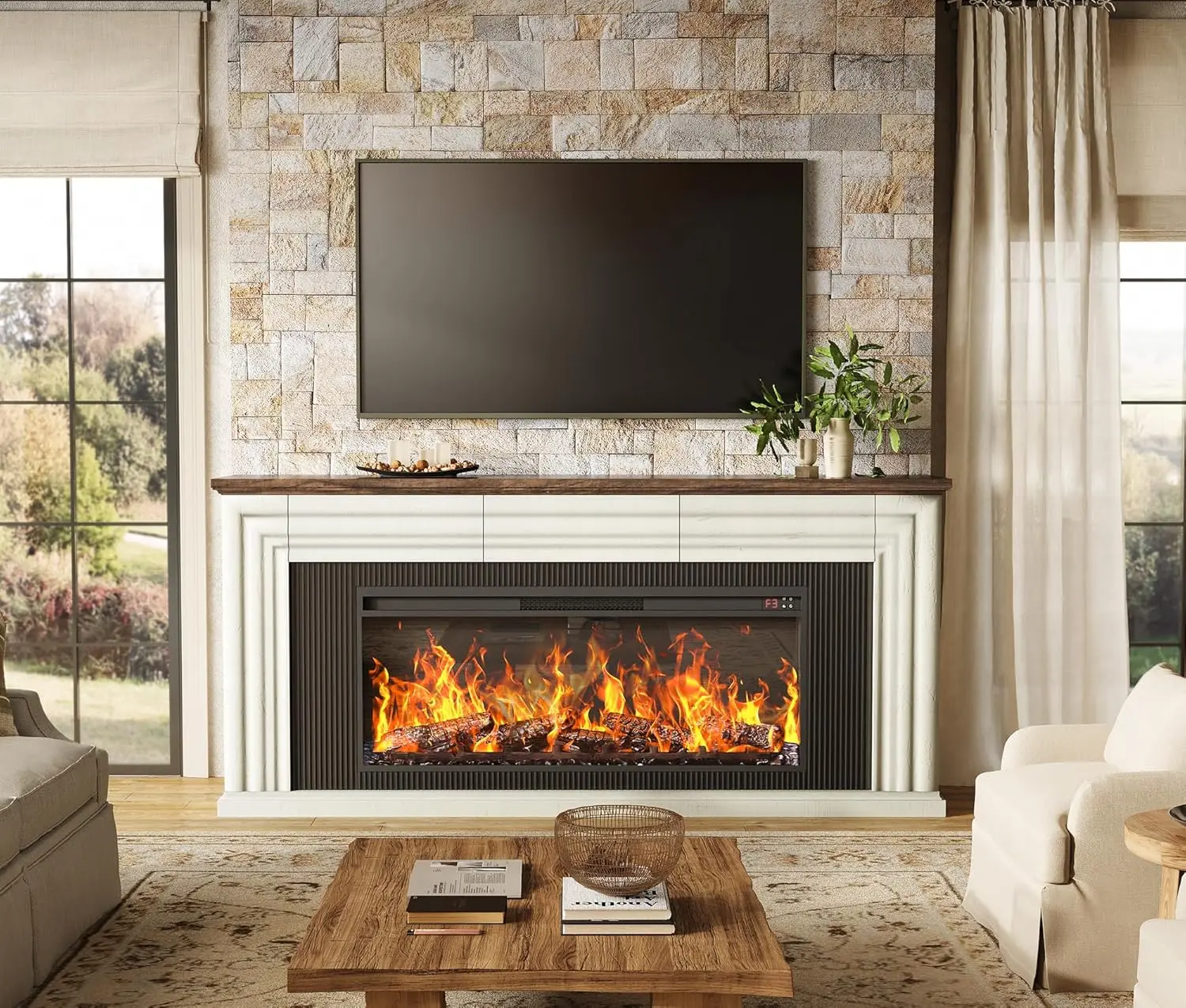 【2 Packages Shipping】PRAISUN 70'' Fireplace TV Stand with 42'' Electric Fireplace, Farmhouse TV Stand for 65 75 Inch TV, Entertainment Center TV Console with 3 Drawers, Fluted Design, for Living Room, Wood Tv Stand, Tv Console Cabinet