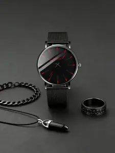 4-piece men's sports style dial pattern circular quartz Bracelet watch set, including necklace, ring, metal strap, and party gift Men Jewelry