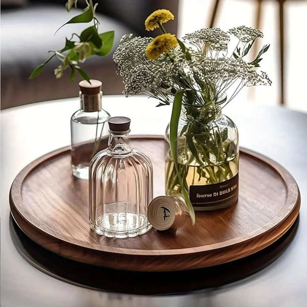 Round Natural Wooden Tray, 1 Count Elegant Arabian-style Tray, Decorative Tray for Kitchen, Dining & Home Decor, Home Goods
