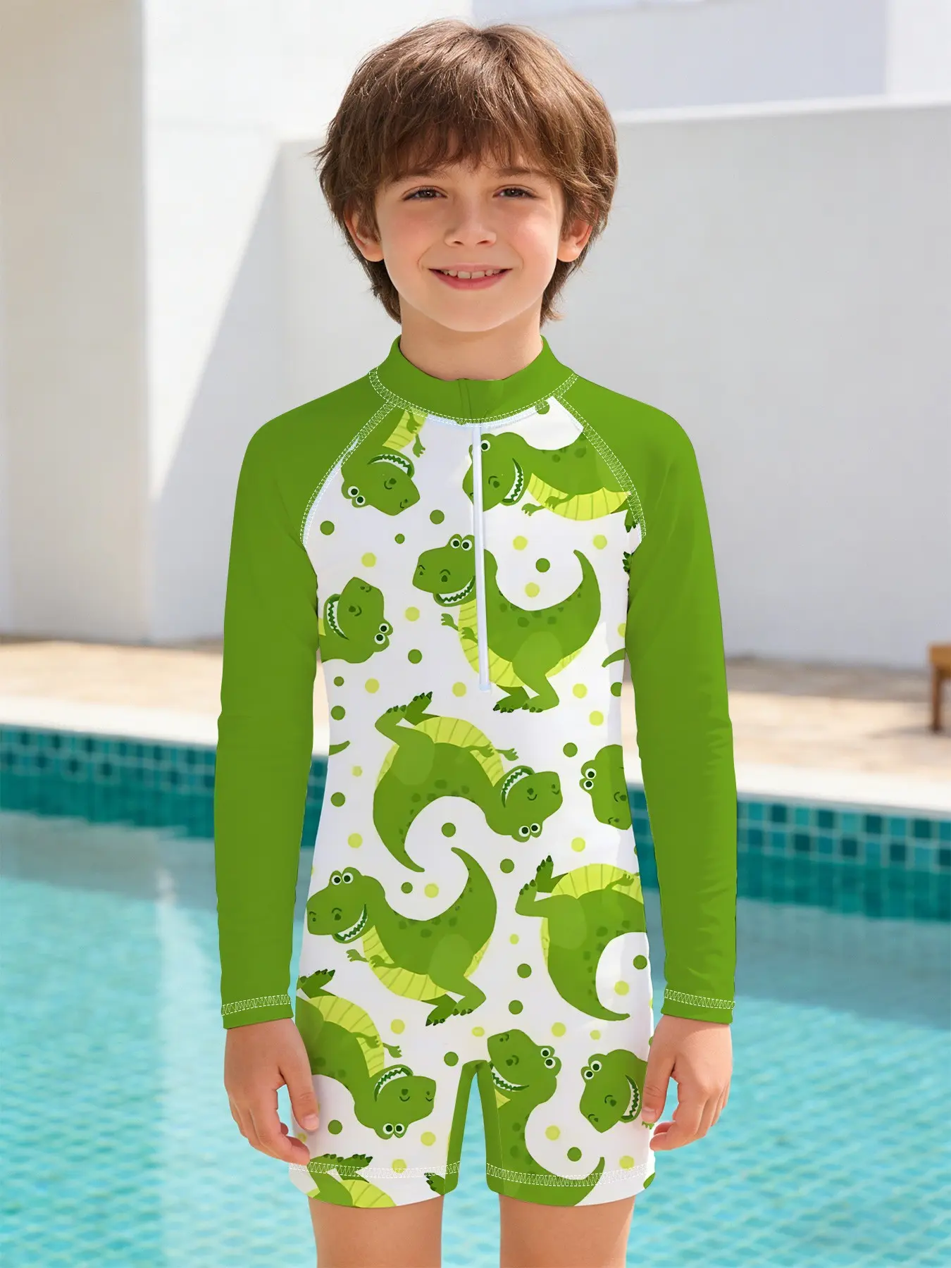 Boys' one-piece swimsuit, Dinosaur printed swimsuit, Green Fun T-Rex Vibrant Edition, designed with long sleeves and a front zipper, skin-friendly, quick-drying and non-stuffy, suitable for seaside vacations, pool fun