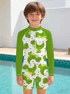 Boys' one-piece swimsuit, Dinosaur printed swimsuit, Green Fun T-Rex Vibrant Edition, designed with long sleeves and a front zipper, skin-friendly, quick-drying and non-stuffy, suitable for seaside vacations, pool fun