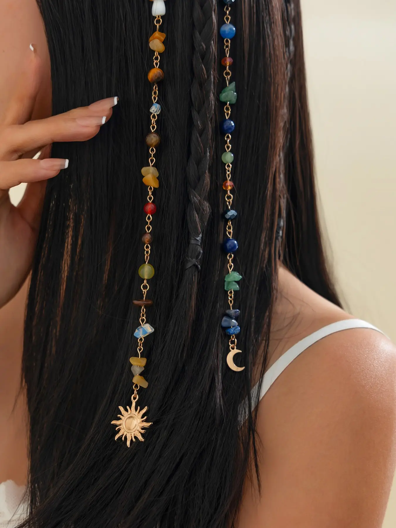 Boho Natural Stone Hair Chain Set, Multicolor Crystal Beads, Handmade, Beach Vacation & Forest Style, Gift for Friends, Hair Accessory