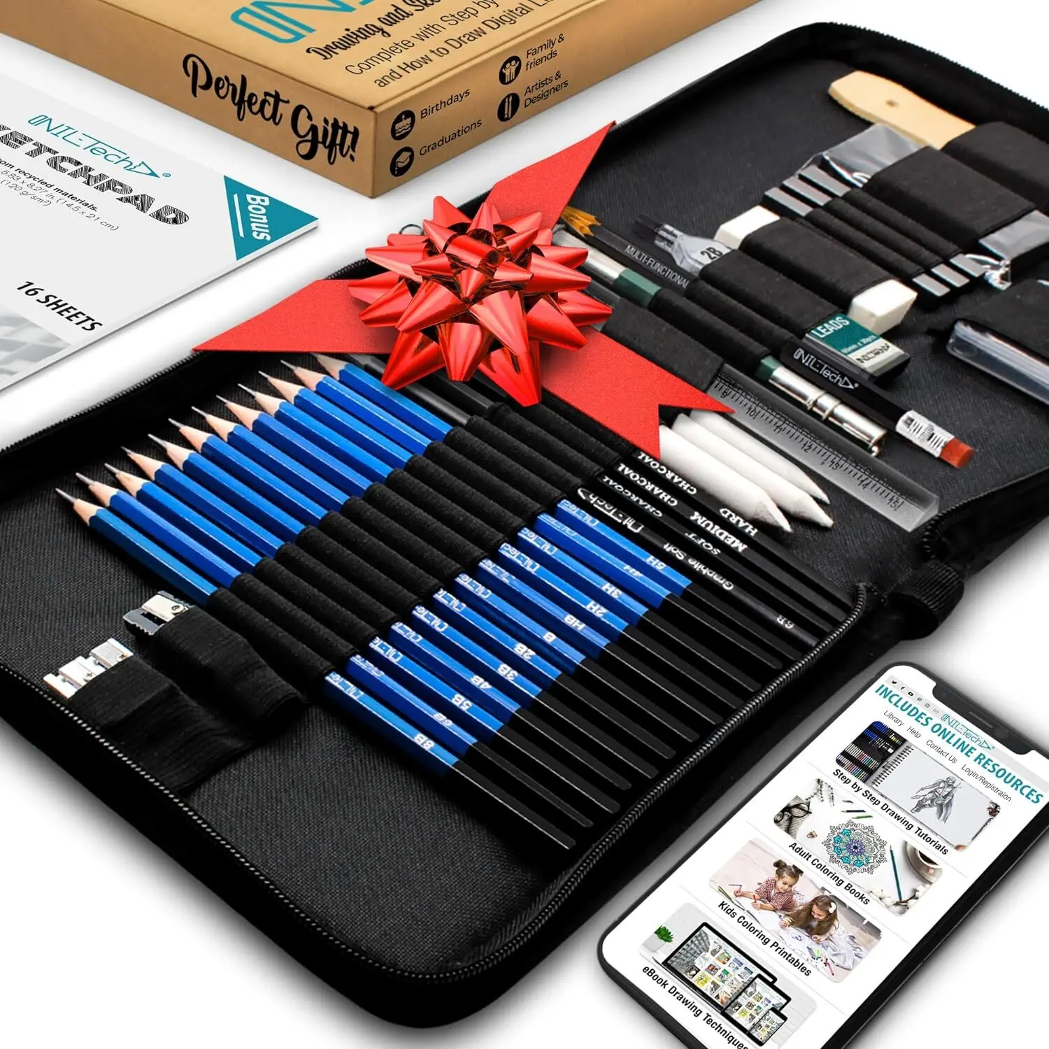 NIL-Tech 37-Piece Premium Sketch & Drawing Art Kit – Graphite and Charcoal Pencils and Sticks, Mechanical Pencil with Replacement Leads, Triangular Ruler, Travel Sketchbook, Regular and Vinyl Erasers, Sharpeners, and Gift-Ready Case