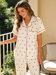 Women's Two-Piece Cherry Printed Pyjama Set, Button Front Shirt & Elastic Waist Pants, Casual Long Sleeve Sleepwear, All Seasons