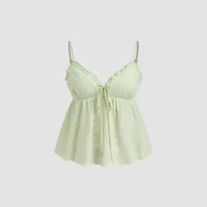 Cider Women's Broderie Anglaise V-Neck Shirred Lettuce Trim Cotton Cami Top