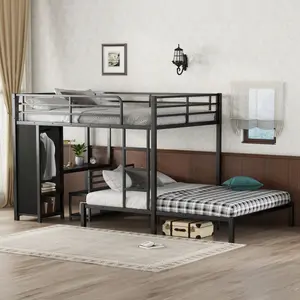 Queen over Queen Size Bunk Bed Frame with Built-in Wardrobe Metal Bunk Bed with Desk and Storage Chairs Black Space-saving Design