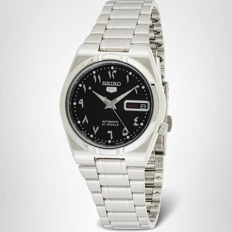 SEIKO 5 Men's Automatic Movement Round Watch - Black Arabic Dial, Luminous, Stainless Steel Metal Case, Fashion Wrist Watch