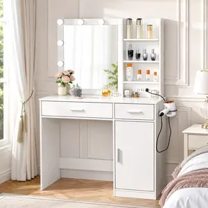 Vanity Mackup Desk with Mirror and Lights,3-Color Adjustable LED,Large Storage Multi-Function Compact Dressering Table with Storage and Power Outlet,Bedside Table for Girl's Bedroom,Bedroom Furniture Gift for Women