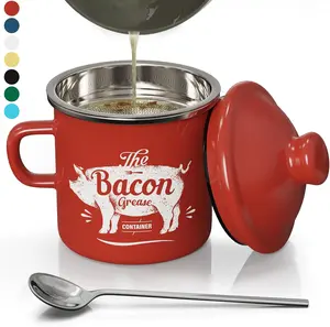 Mini bacon grease container with strainer, 15 oz enamel grease saver, farmhouse-style bacon grease keeper for kitchen fat storage, dishwasher safe, red finish