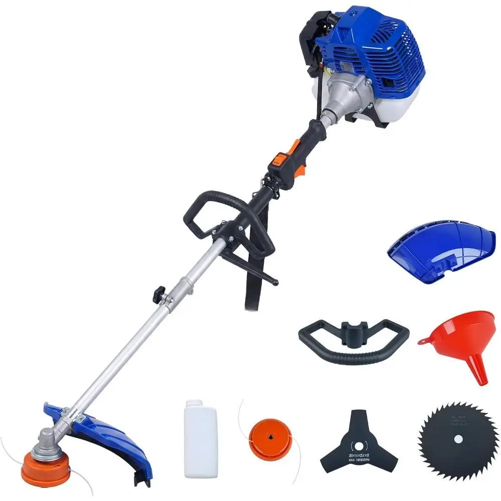 43CC Gas-Powered Grass Trimmer, 2-Cycle 3-in-1 Weed Wacker & Edger Lawn Tool, 10-in 3-Tooth & 40-Tooth Brush-Cutting Blades, 13-in Heavy-Duty Tool with Shoulder Strap for Lawn Care