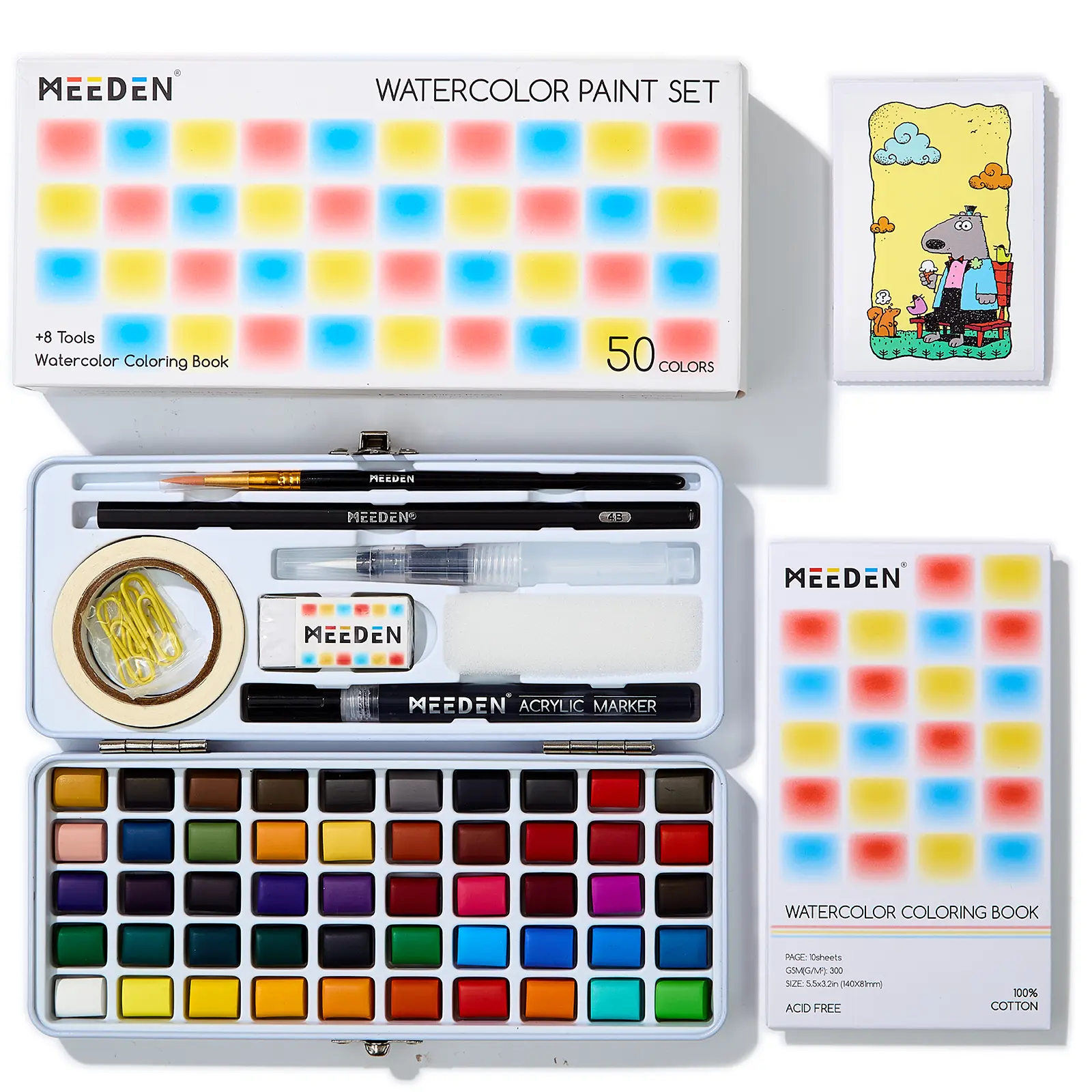 MEEDEN Portable Travel Watercolor Paint Set - 50 Colors Art Supplies for Beginners with Brushes, Concertina Coloring Book, Cute School Supplies, Washi Tape, Pockets - Ideal Valentine’s Day Gift for Teenage Girls (Stockings-Included Accessory)