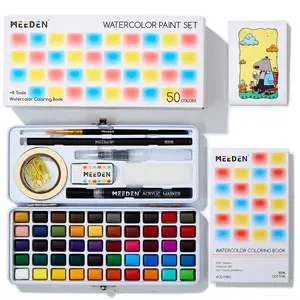 MEEDEN Travel Watercolor Paint Set: 50 Colors Watercolor Paints for Beginner with Brushes & Concertina Coloring Book - portable Water Color Kit for Adult Painting On the Go