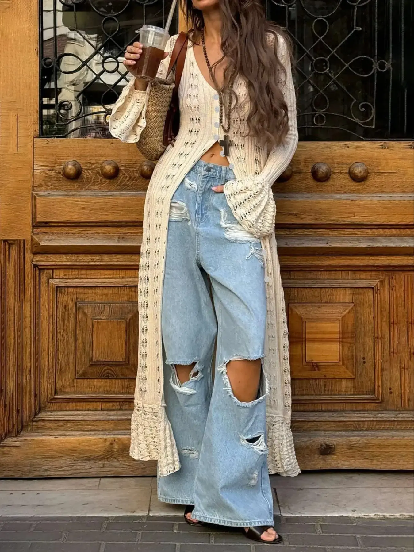 Women's Plain Hollow-Out Button-Front Lightweight Cardigan, Elegant Chic Flounce-Sleeve Fitted Knitwear for Spring & Summer Daily Wear, Fashion Knit Clothing, Knitting Womenswear