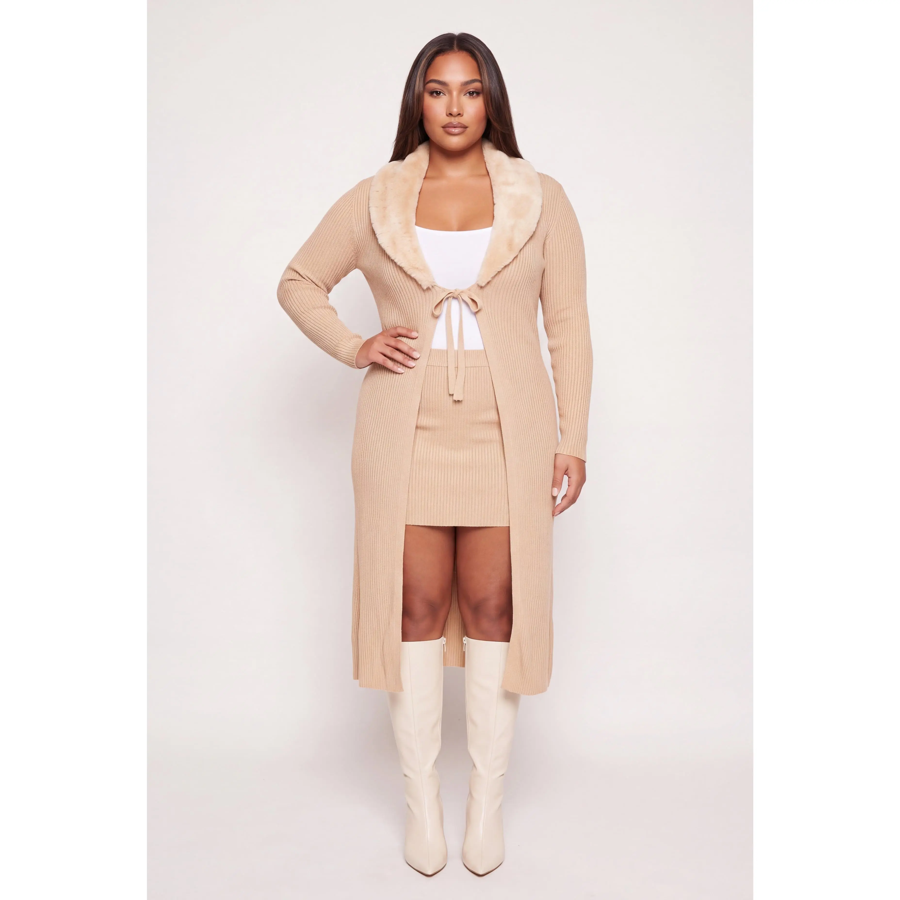 Plus Size Removable Faux Fur Trim Tie Front Duster