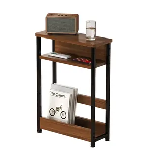 Slim 3-Tier Side Table with Storage Shelves and Magazine Rack - Space-Saving End Table for Small Spaces - Modern Wood and Metal Bedside Table for Living Room, Bedroom, or Bedside - Walnut