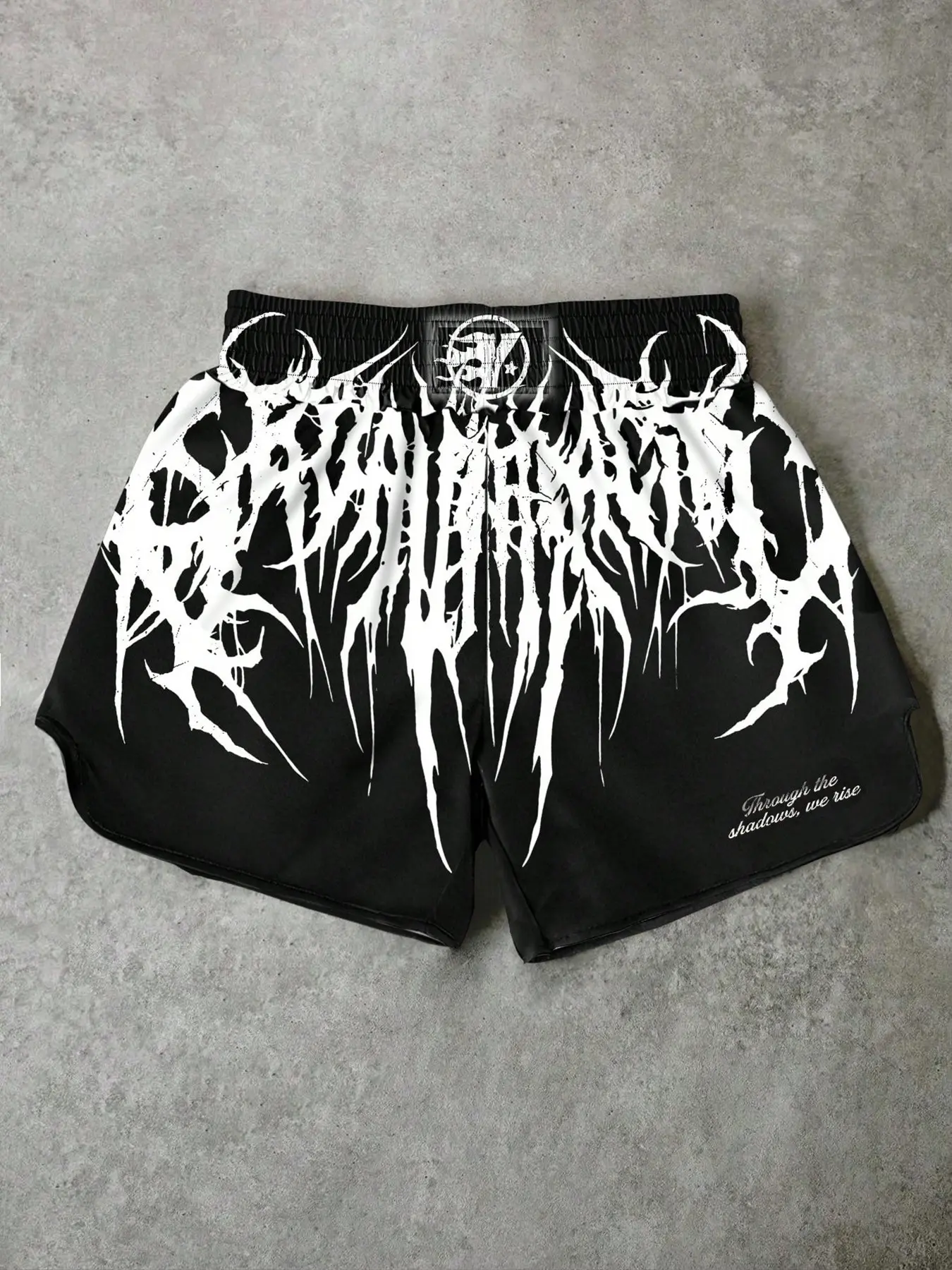 Men's Death Metal Muay Thai Shorts, Black Gothic Print Elastic Waist Side Slits Shorts for Kickboxing MMA Training Gym, Graphic Fitness Shorts