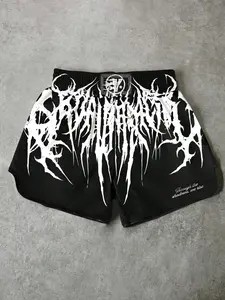 Men's Death Metal Muay Thai Shorts Black Gothic Print Elastic Waist Side Slits For Kickboxing MMA Training Gym Graphic Fitness Shorts
