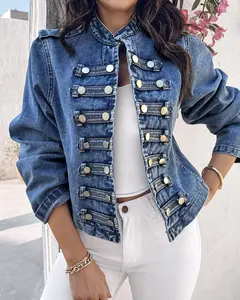 Women's Vintage Stand-Collar Short Denim Jacket with Double-Breasted Front Placket Puffed Sleeves Classic Blue Casual Coat for Spring Autumn Fabric Womenswear