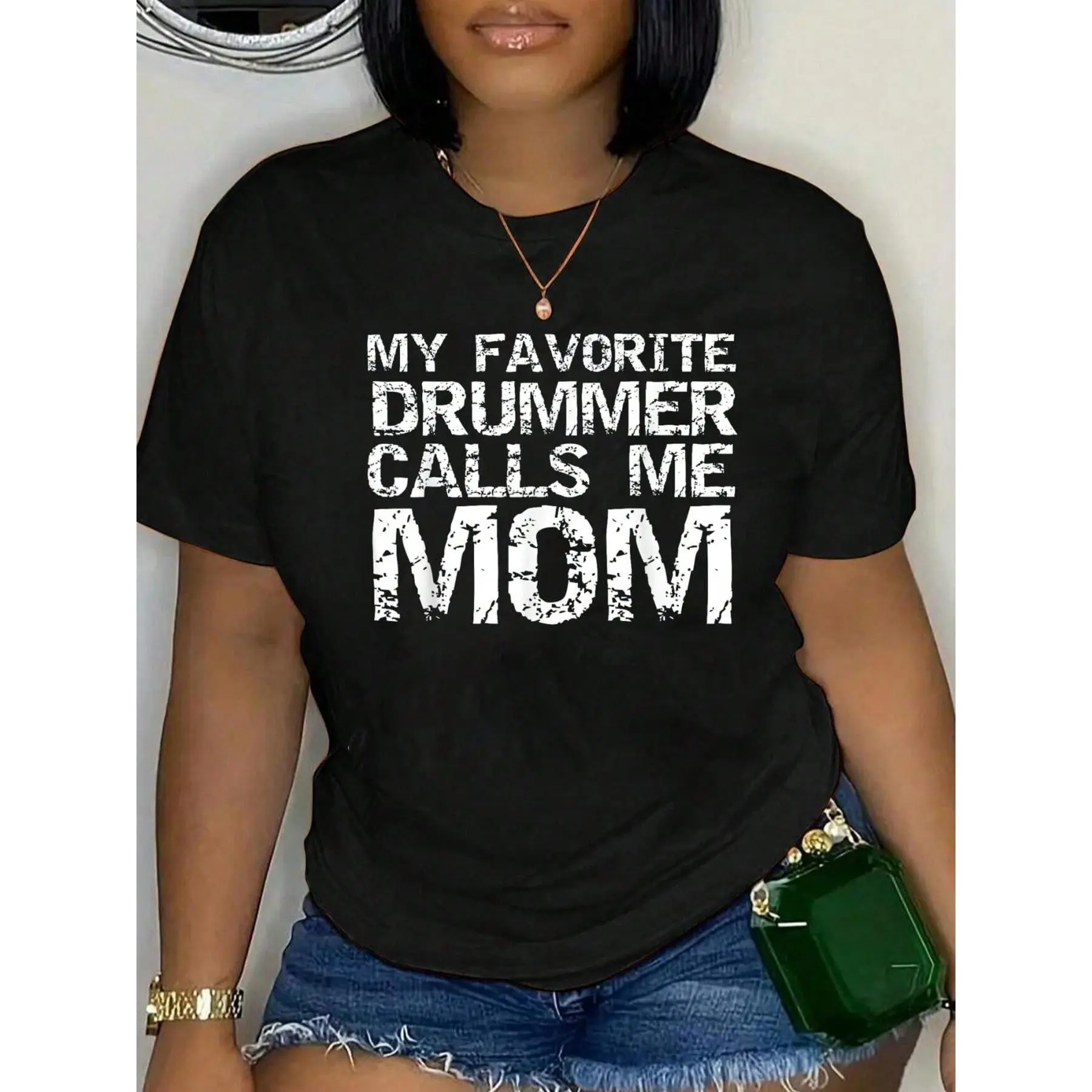 Women's 100% Cotton Short-Sleeve Marching Band Drumline Mom Graphic T-Shirt - Lady's Casual Loose-Fit Fabric Tee, Soft, Breathable, Streetwear Daily Wear, Shortsleeve, Tshirt, Top, Round Neck, Small Round Neck