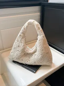 Hollow Floral Woven Bag Bohemian Beach Bag Summer Handbag Holiday Casual Handbag, All Season Fashion Accessory, Random Pattern Design, Half Moon Purse, Casual Trendy Handbag