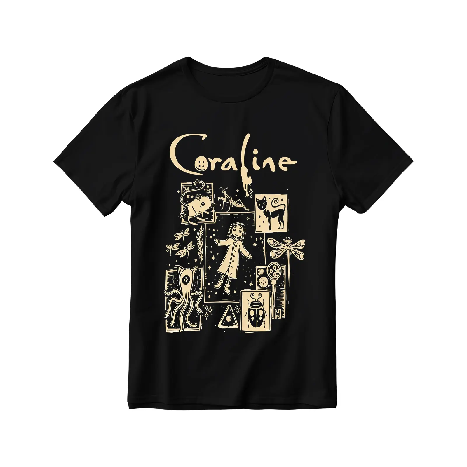 Coraline Cat Doll Graphic Short-Sleeve Top, Soft Cotton Sports Streetwear, Casual Loose-Fit Round Neck Black with Golden Illustration, Perfect for Valentine's Day & Easter All-Season Apparel, Shortsleeve