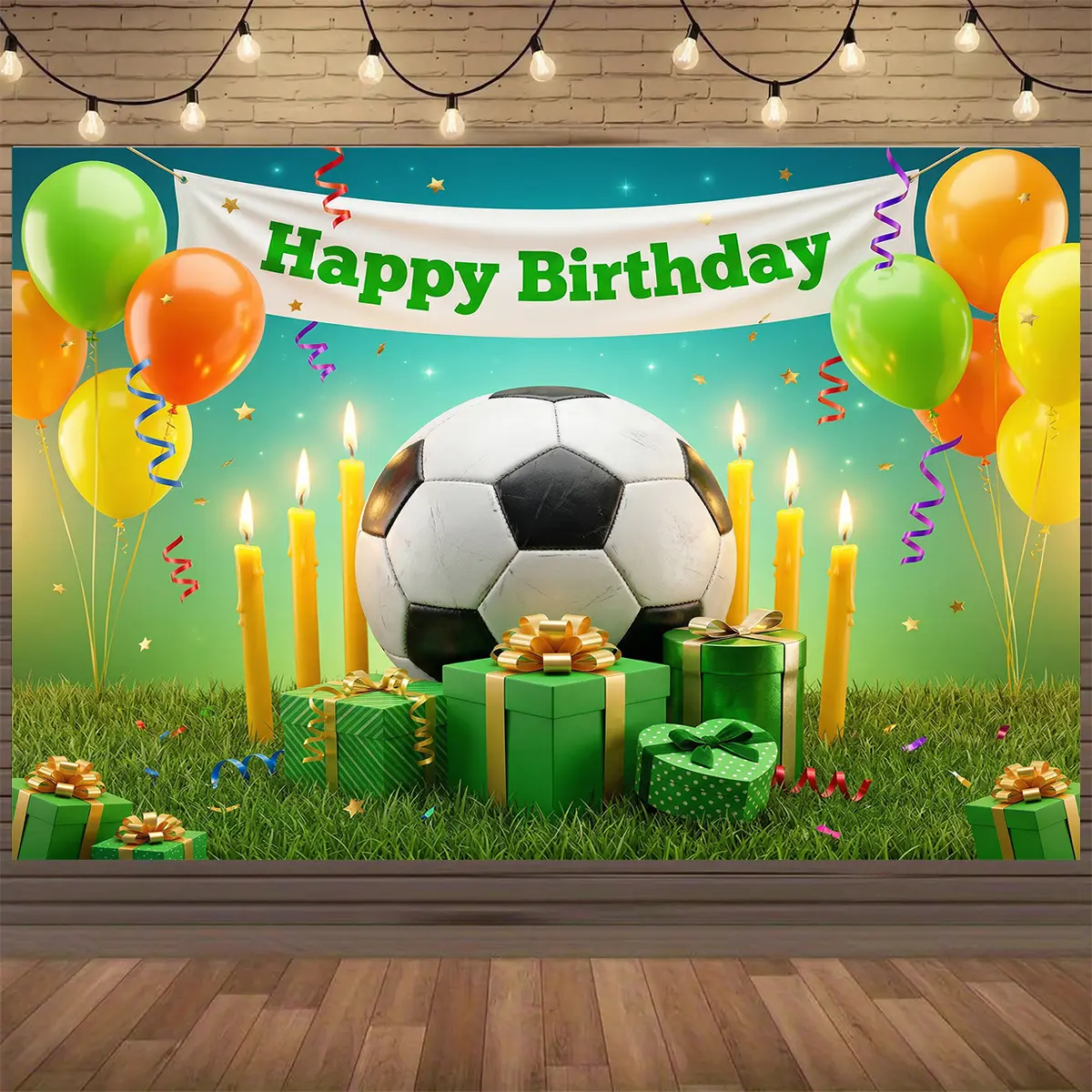 Soccer Theme Lightweight Wrinkle-Resistant Polyester Hanging Backdrop Kit with Hanging Clips, Festive Decor for Birthday, Christmas, Anniversary Photo Walls & Graduation Events