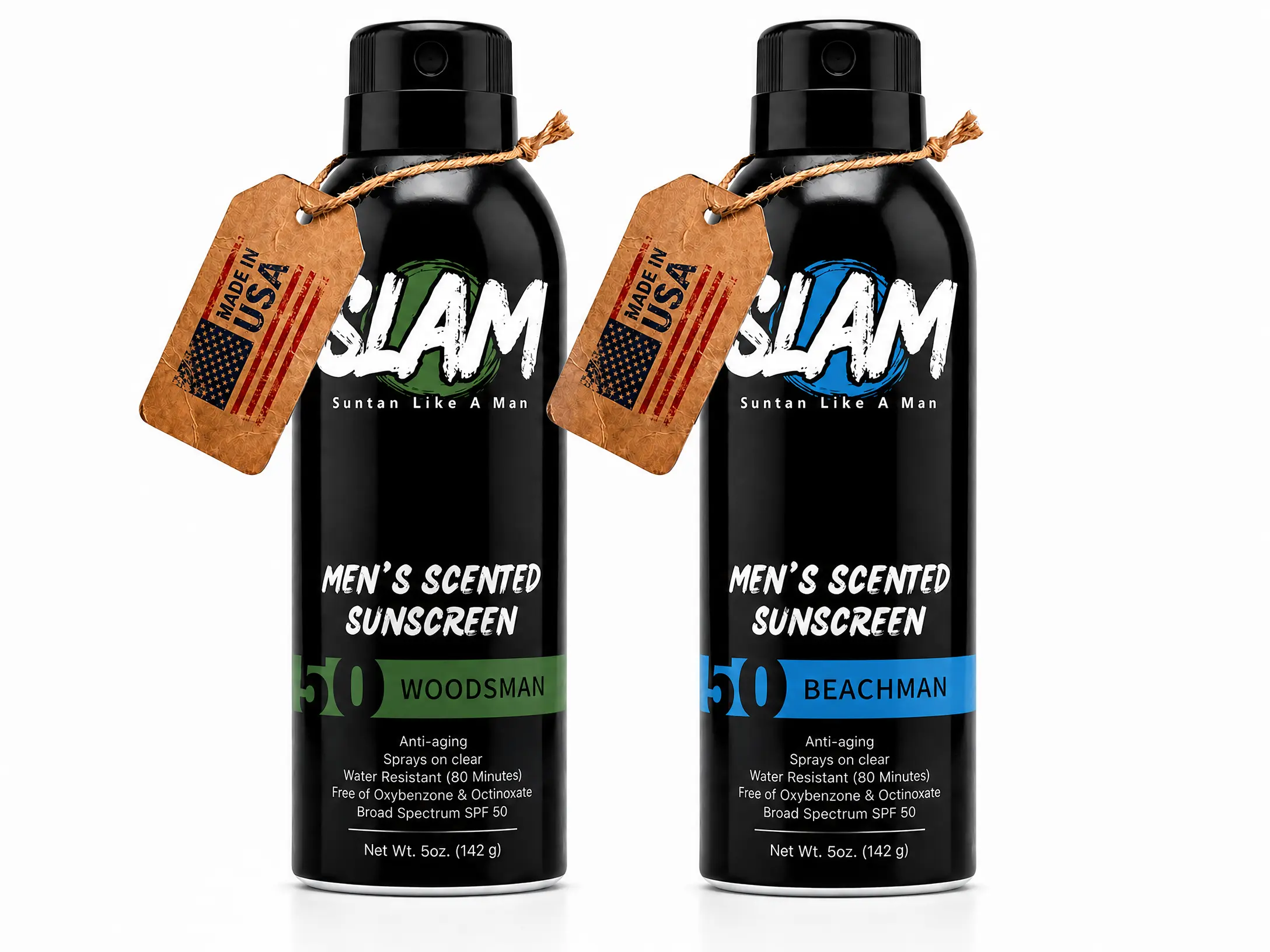 [SLAM Official] WoodsMan + BeachMan Men's Sunscreen Duo SPF 50 | 2 Scented Sprays, Water Resistant 80 Min, No White Cast, Made in USA