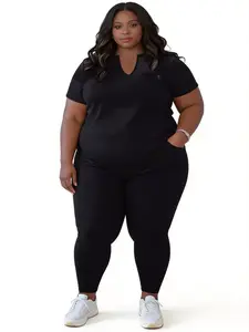 Plus Size Sporty Set - 2PCS Casual Round Neck Activewear T-Shirt & Long Pants Outfit for Women, Soft Stretchy Polyester Spandex Blend, Relaxed Fit with Elastic Waistband