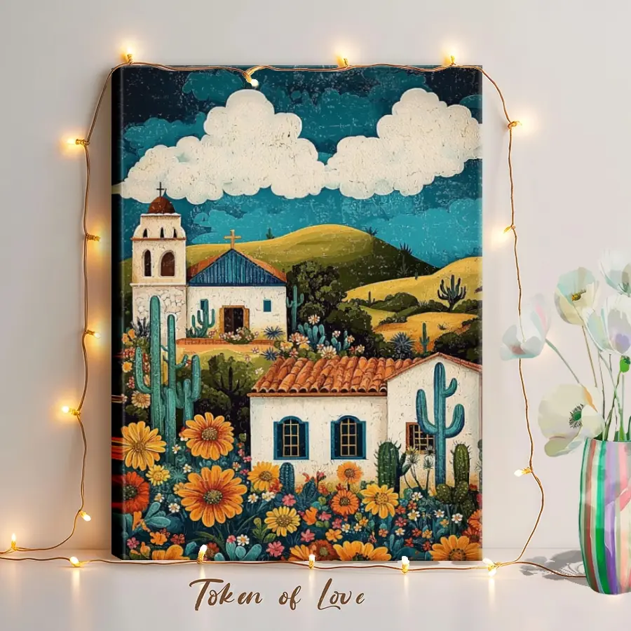 Frida Kahlo Style Artistic Wood-Framed Canvas Painting - 8x12x0.8in Mexico Botanical Desert Landscape Cacti Flowers Oil Print, High-Quality Durable Water-Resistant, USA-Made Living Room Decor, Ideal Gift