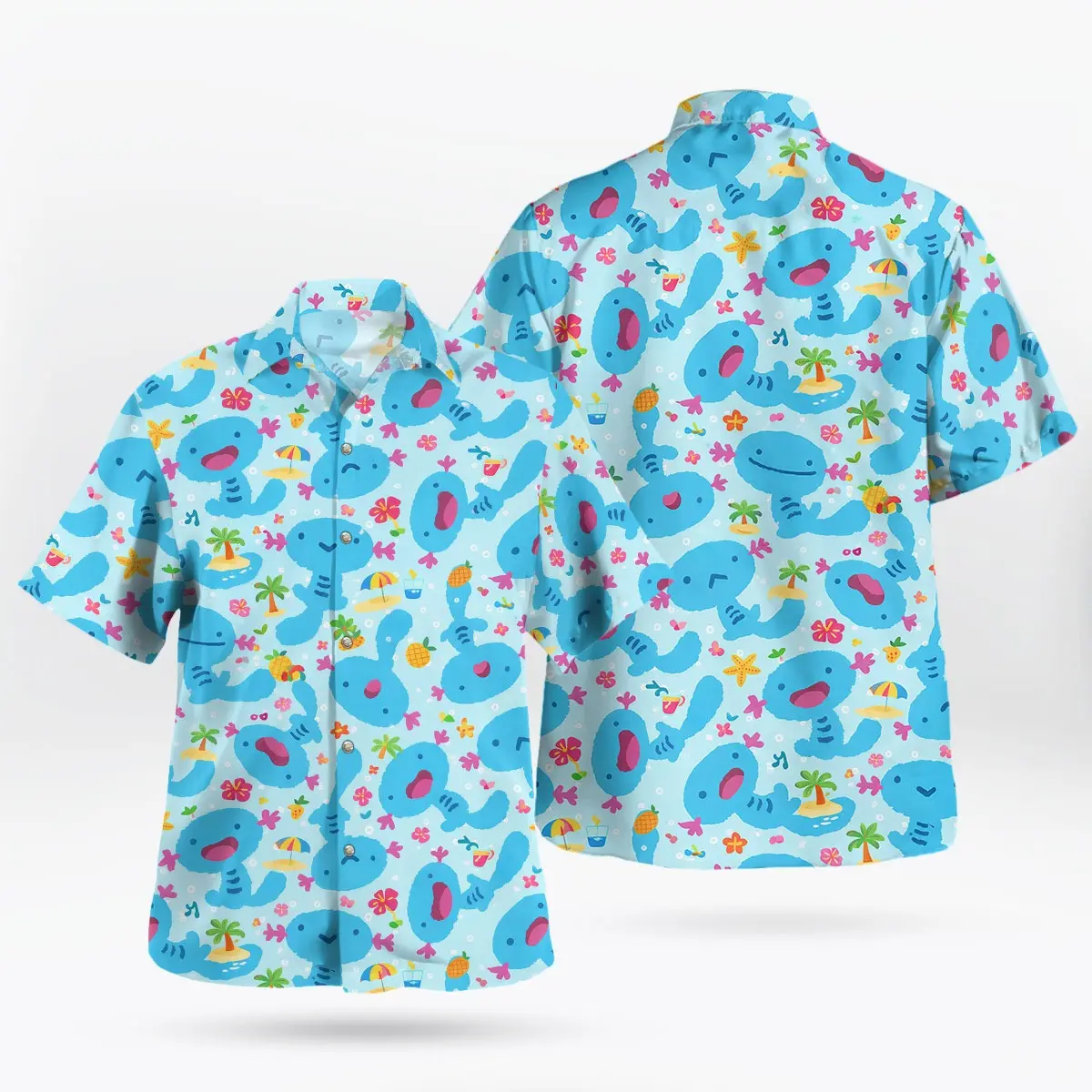 Cute Anime Hawaiian Shirt – Aqua Blue Mudk PKM Kawaii Tropical Hawaiian Shirt