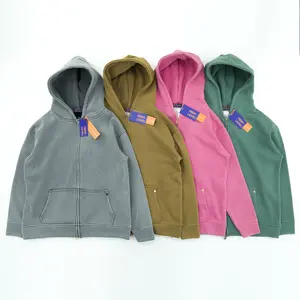 Two-way Zip-up Hoodie by  HL | Stone Washed Vintage Men Long sleeves | Pink, Grey, Caramel, Sage zip-up front double zipper Stonewashed Plush Sweatshirts Polyester