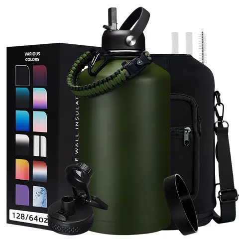 128 oz Gradient Straw Stainless Steel Triple Wall Vacuum Flask Water Bottle Set - Portable, Anti-Scalding, 48h Cold/24h Hot Retention, Leak-Proof Pop-Up Chug Lid & Clip, Wide Mouth Hydro Metal Cup with Compass, Whistle, Flint for Gym, Outdoor Use