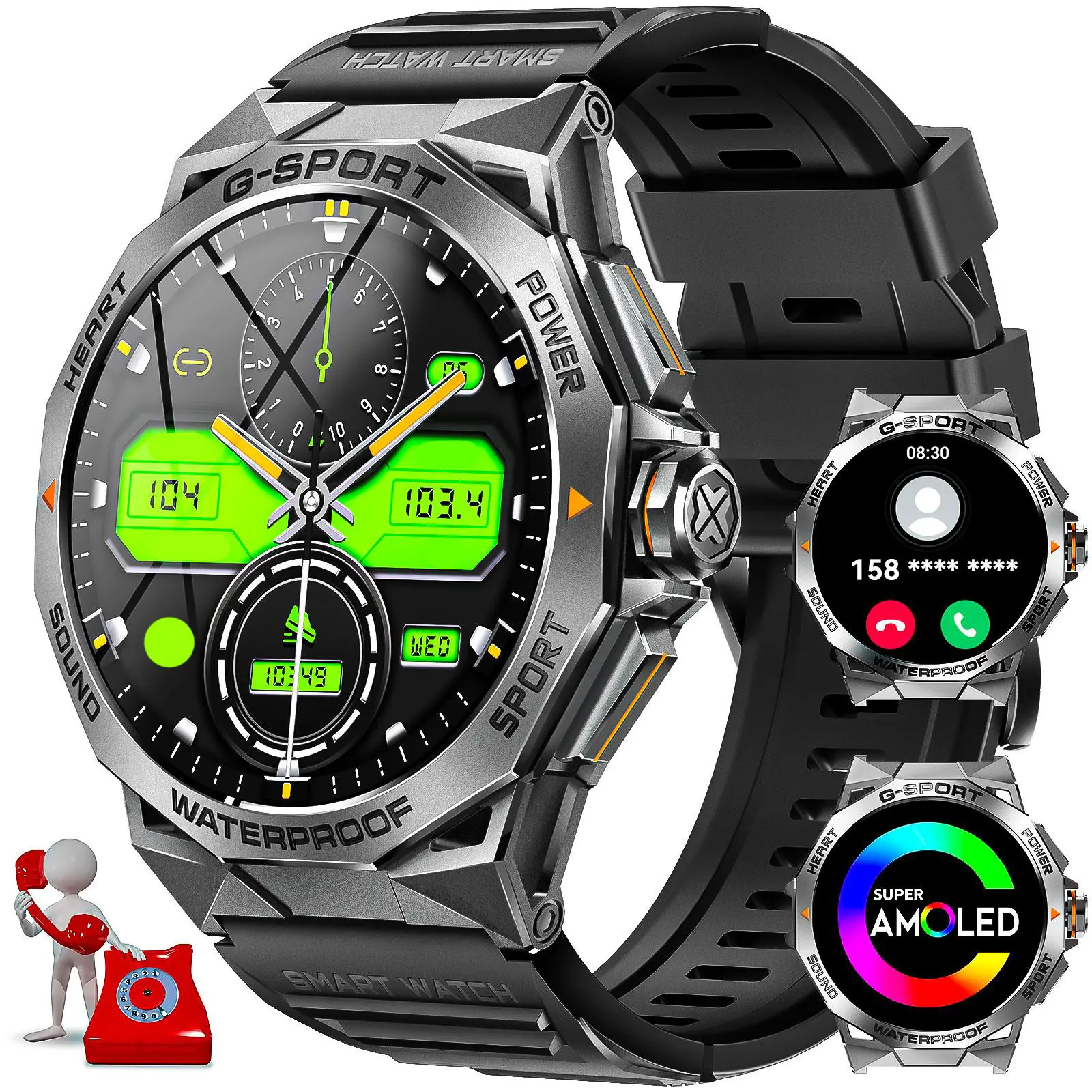 EIGIIS Men's Multifunctional Smart Watch - 1.43 Inch AMOLED Screen Plastic Android Wearable, Wireless Phone Call, Message Notifications, 178 Multi-Sports Modes, 400mAh Magnetic Charging, Music Player, Voice Control, Clock Display, Outdoor Gift, Wearable T