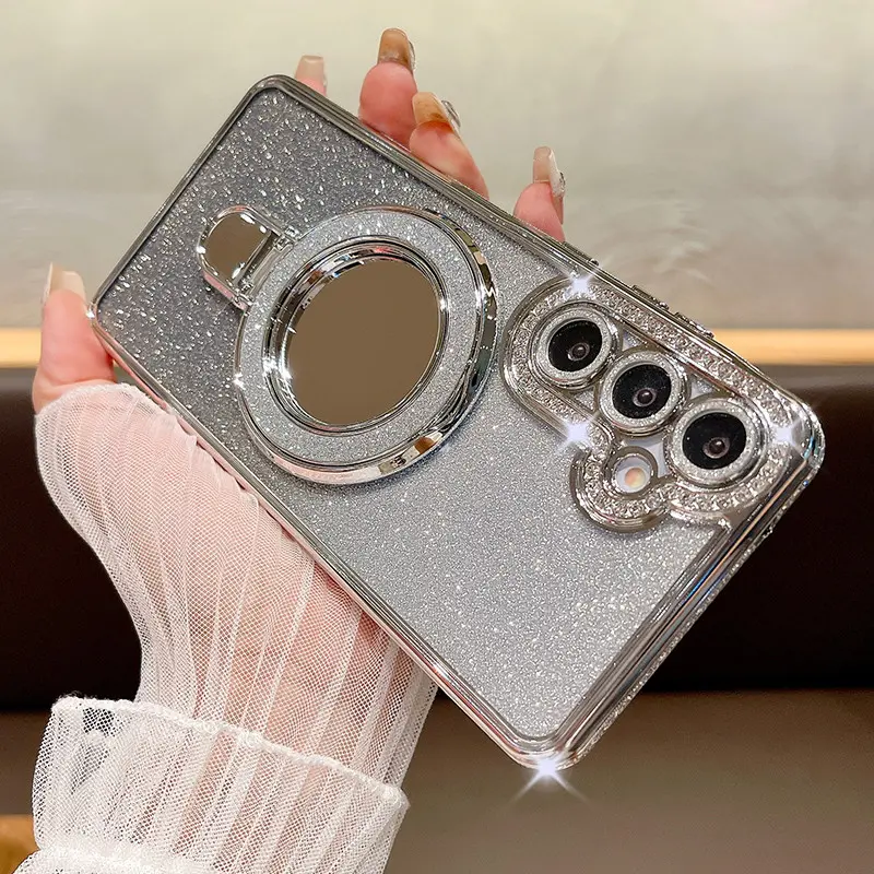 Glitter Magnetic Mirror Stand Holder Protective Smartphone Case Protector For Samsung A06 A16 A26 A36 A56 A14 A34 A54 A55 A15 A24 A25 A35 5G Lightweight Stylish Shockproof Cover, Accessories, Protective Smartphone Casing, Mobile Devices Accessory