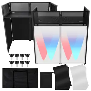 Garvee Portable DJ Facade Booth with Foldable Metal Frame, Adjustable Feet, and White & Black Scrim - 52"L x 48"H x 26"W DJ Table Stand for Parties and Events
