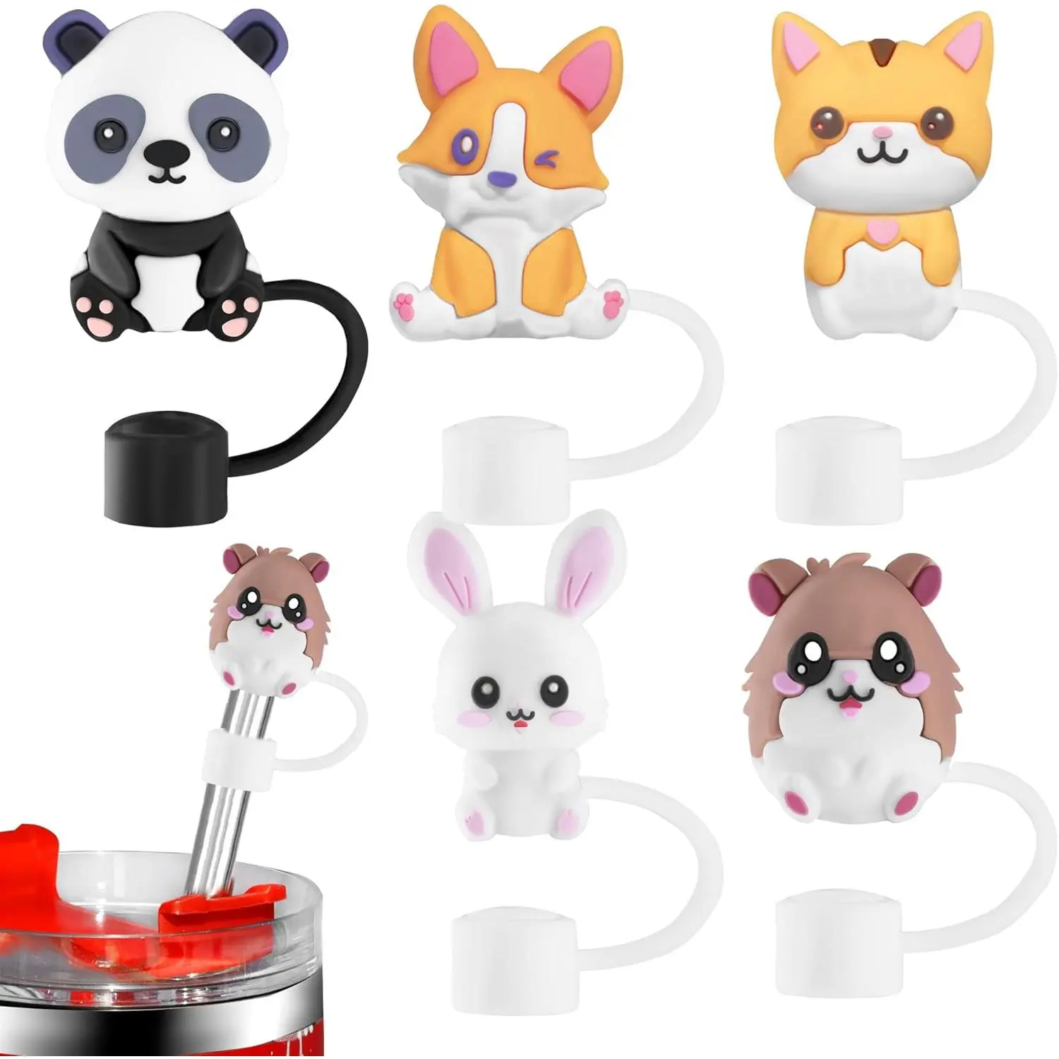 3D Animal Straw Covers 2025 New 5pc Topper for Stanley Cup Accessories 30&amp;40 Oz Tumbler Colorful (Animal straw cover-C)