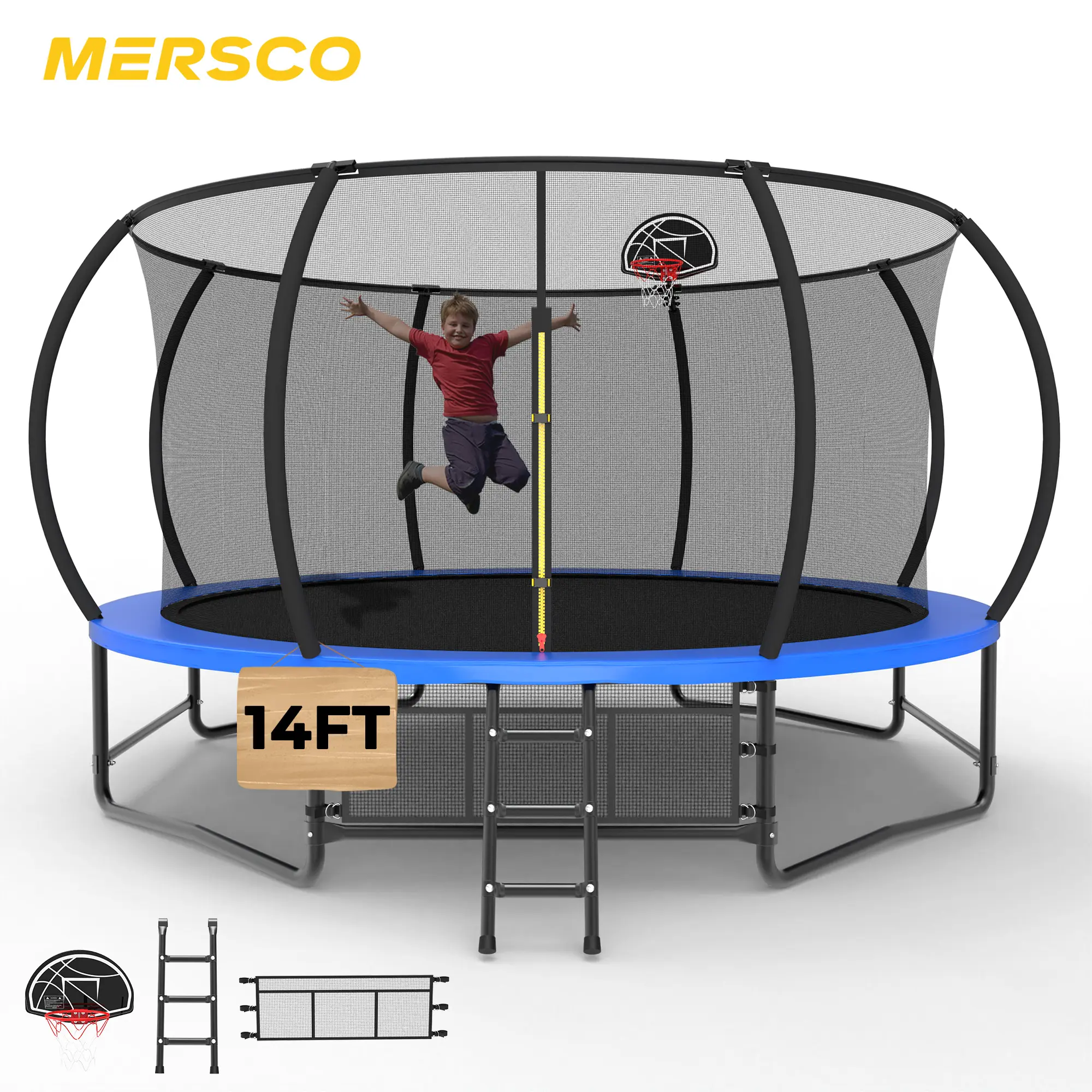 14FT MERSCO Trampoline with Basketball Hoop, 330lbs Weight Capacity, ASTM Approved Outdoor Backyard Trampoline, Anti-Rust Galvanized Frame, UV-Resistant, with Safety Net, Ladder & Storage Pocket, for Kids Adults, Gift for Boys Girls