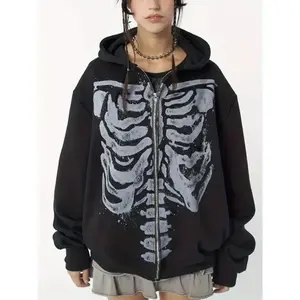 Women's Y2K-Inspired Skeleton Print Zip-Up Hoodie - Stretchy Knit Fabric, Long Sleeves with Pockets, Machine Washable, All-Season Streetwear Womenswear Collar Polyester Sweatshirts Tops Comfort Black Pullover Halloween Clothes Costumes Cosplay(Sheet)