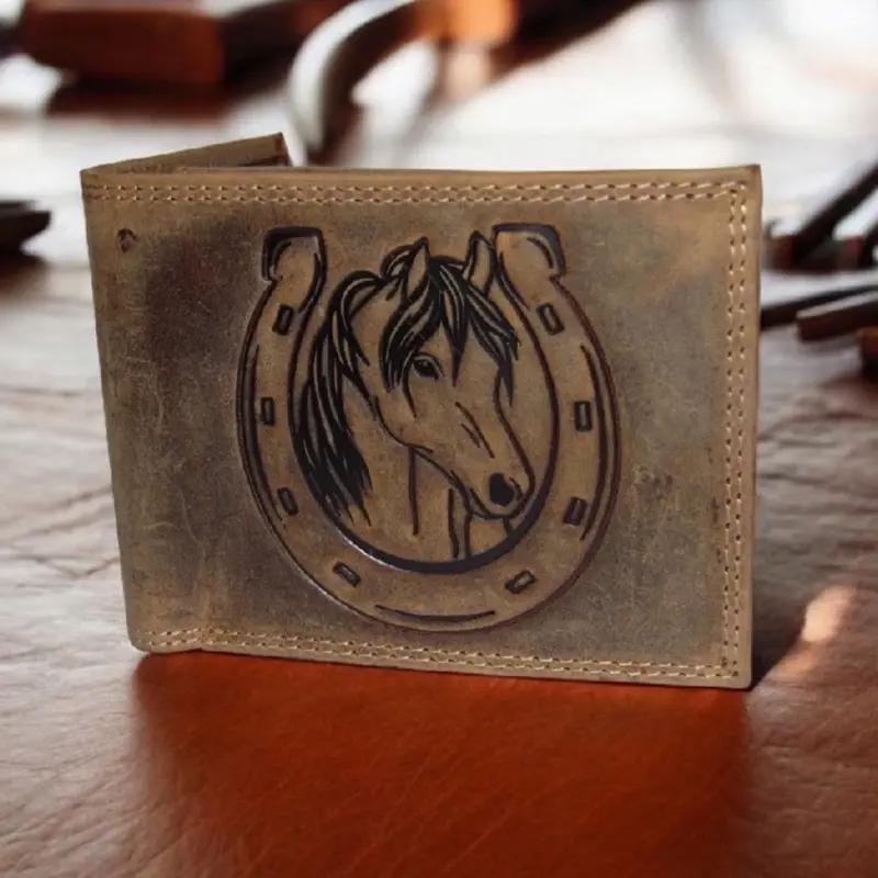 Elegant Bifold Leather Wallet, Cute Horse/Horseshoe Design
