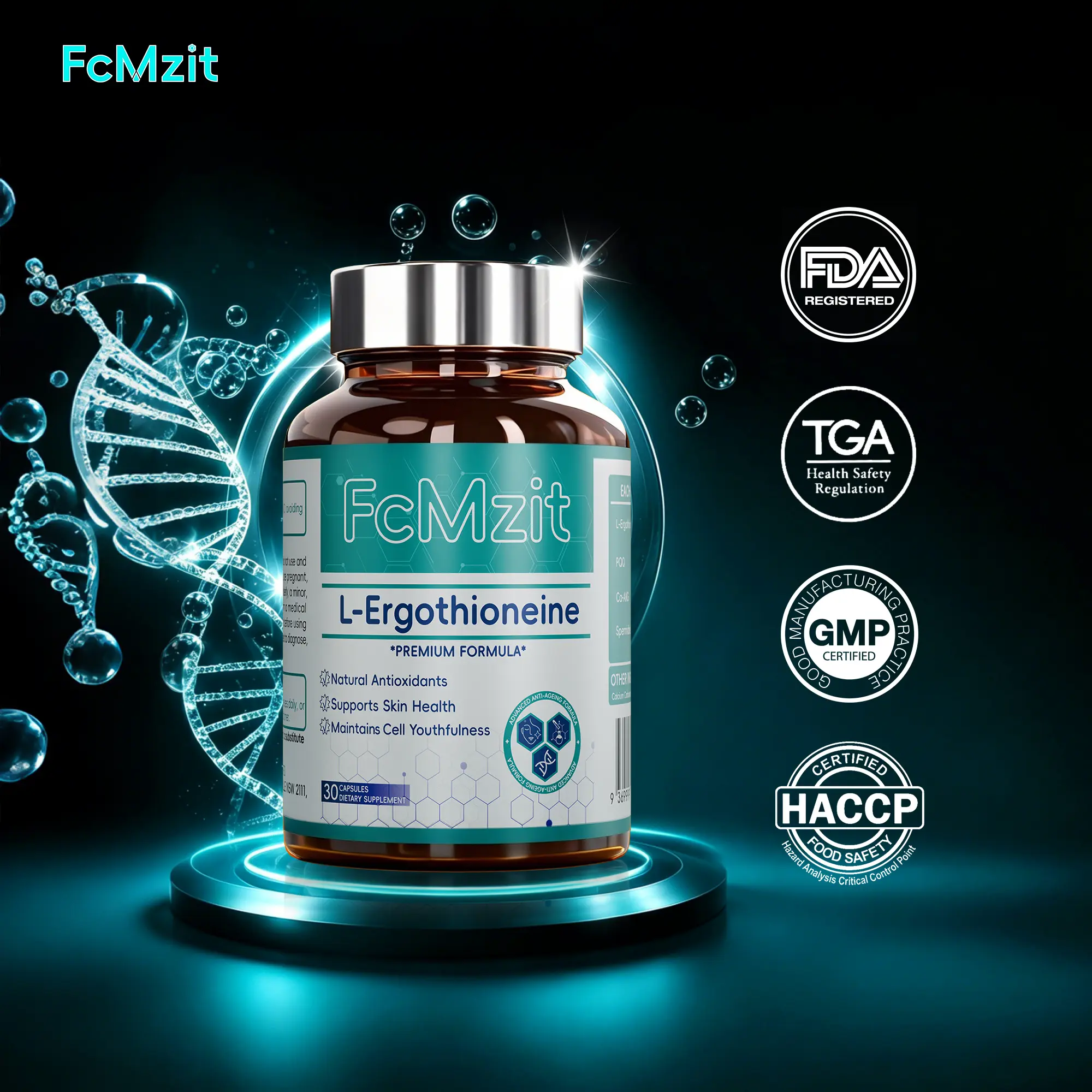 4-in-1 L-Ergothioneine Complex Dietary Capsules, Health & Wellness Supplement with Ergothioneine, AKG, PQQ, Spermidine - Cellular Support, Radiant Skin, Strong Hair, Sustained Daily Energy, Reduced Oxidative Stress & Aging Signs