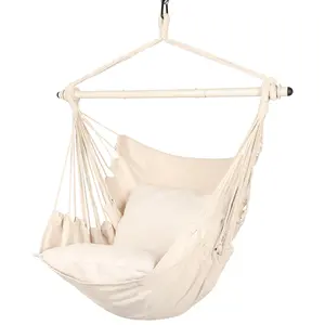 Hammock Chair Hanging Rope Swing - Max 500 Lbs - 2 Cushions Included - Steel Spreader Bar with Anti-Slip Rings - for Any Indoor or Outdoor Spaces (Beige)