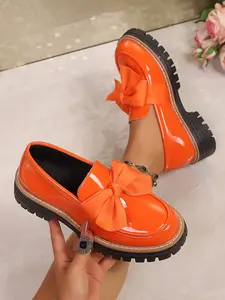 New Large Size Shiny Leather Loafers for Women 2026 Spring Fall, Butterfly Knot Thick Sole Chunky Heel Retro Single Shoes