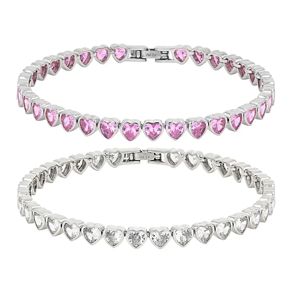 JTV Pink and White Cubic Zirconia Rhodium Plated Heart Bracelet Set of 2 27.20ctw