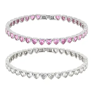 JTV Pink and White Cubic Zirconia Rhodium Plated Heart Bracelet Set of 2 27.20ctw