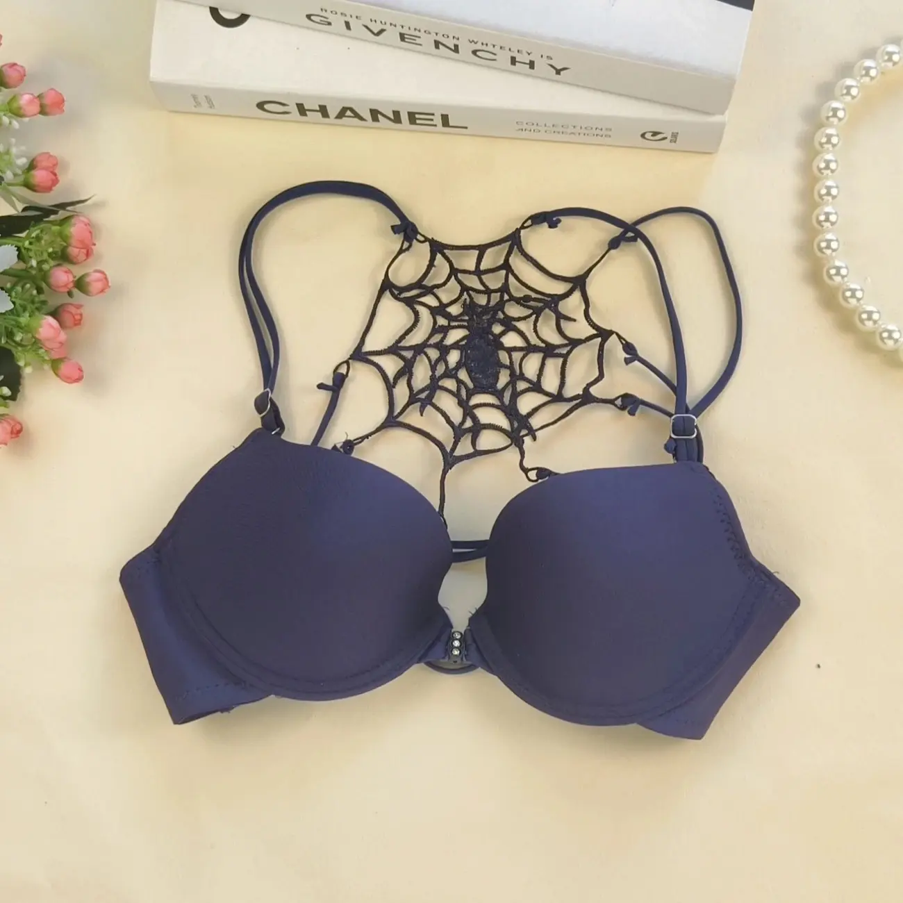 Women's Sexy Halter Bralette with Spider Web Lace, Front Buckle Closure, Gathered Cups, and Statement Beauty Back Style, Lady, Elegance, Piece, Halter Neck, Strappy, Plain, Comfortable, Back Type, Pure Desire, Thin Straps