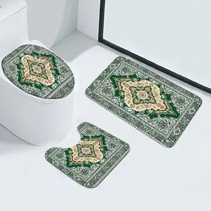 3pc Mystic-Totem Boho Light-Green Faux-Cashmere 100% Polyester BATH MAT COMBO: lid sleeve+foot U-pad+anti-slip square rug, toilet light absorb light slip-safe, fold-hook dry-fast, washroom/toilet flex lay, gentle-wash fade-free gift-ready