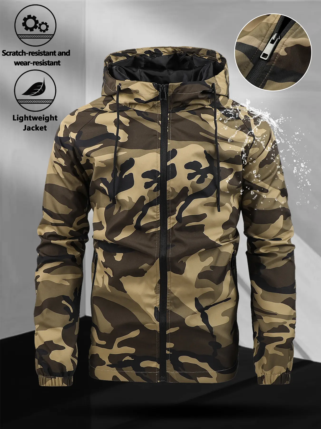 Men's Camo Casual Long Sleeve Camouflage Street Style Jacket with Hooded Design, Drawstring Closure, Zipper, Fitted Style, All Seasons Wear, Comfortable and Stylish Outerwear, Casual Fitted Jackets