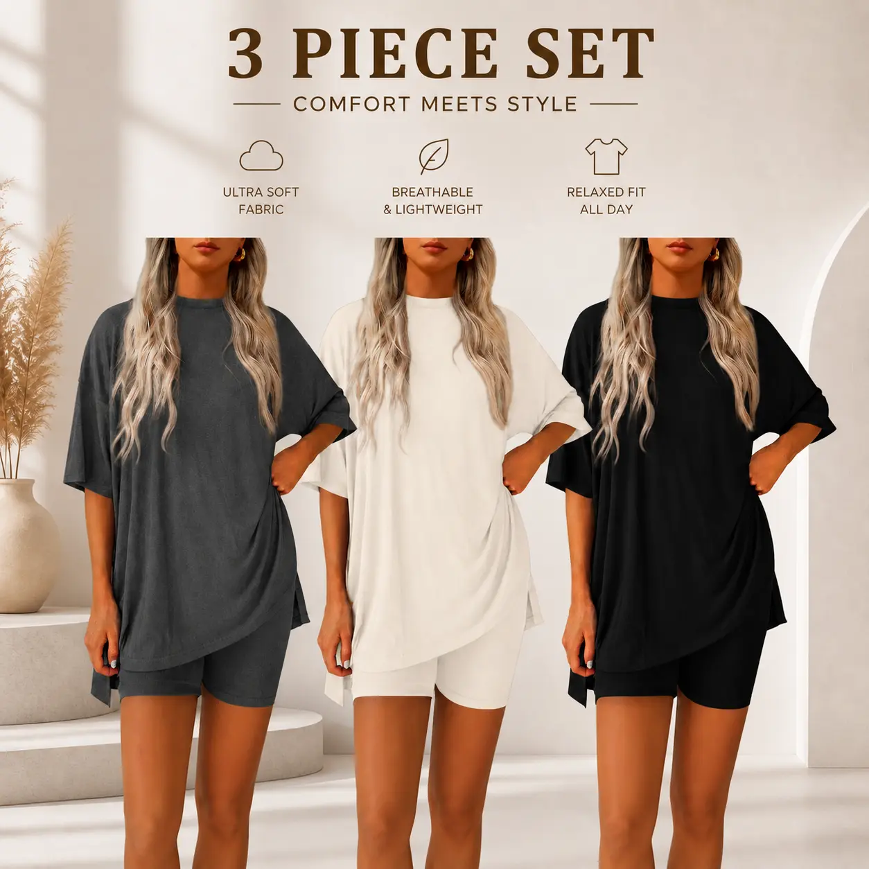 Women's 3 Pack Casual Loungewear Sets Loose Fit Short Sleeve Top & Shorts 2 Piece Outfits Soft Breathable Sleepwear for Home Everyday Wear Premium Lightweight Fabric - Pajama